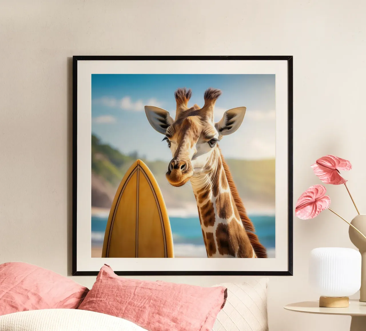 Surfer Giraffe by the Coast – Quirky Beach Art Print poster by FlexiDesignsByK