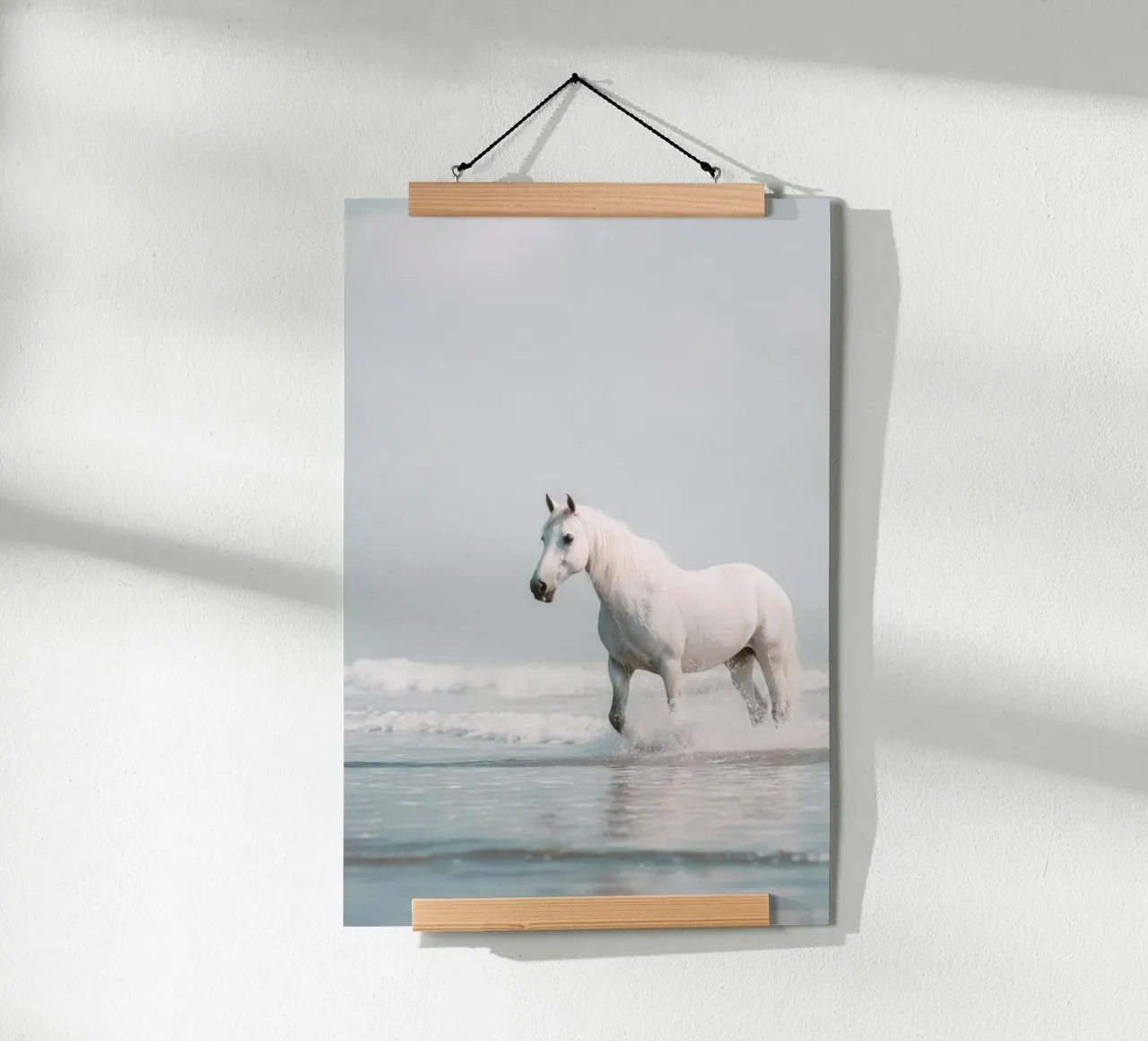 Caballo blanco galopando entre las olas del océano poster de Indigo Tides Art