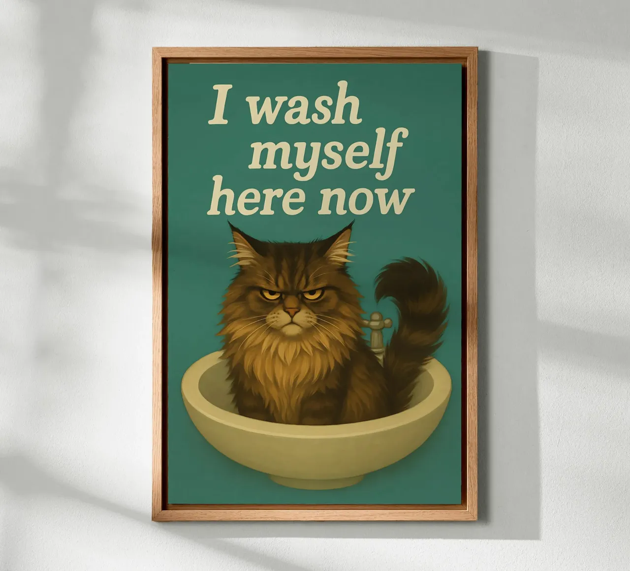 Funny Grumpy Maine Coon Cat Meme canvas with Floater frame by Funny Humor Art