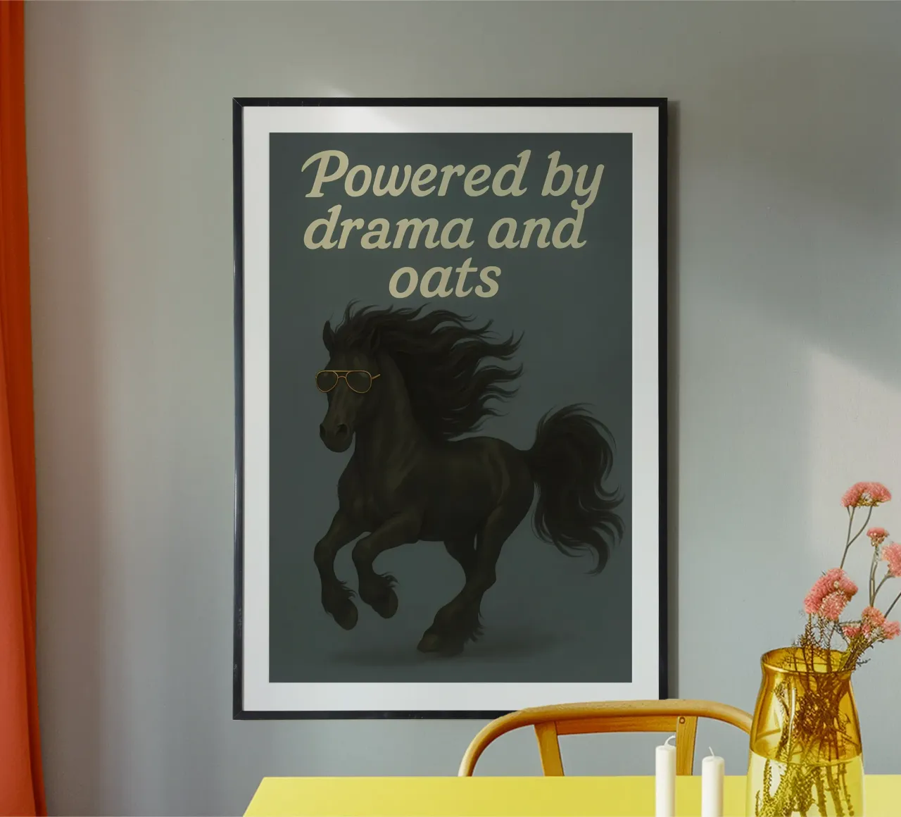 Meme divertente sul cavallo frisone poster con telaio in alluminio da Funny Humor Art