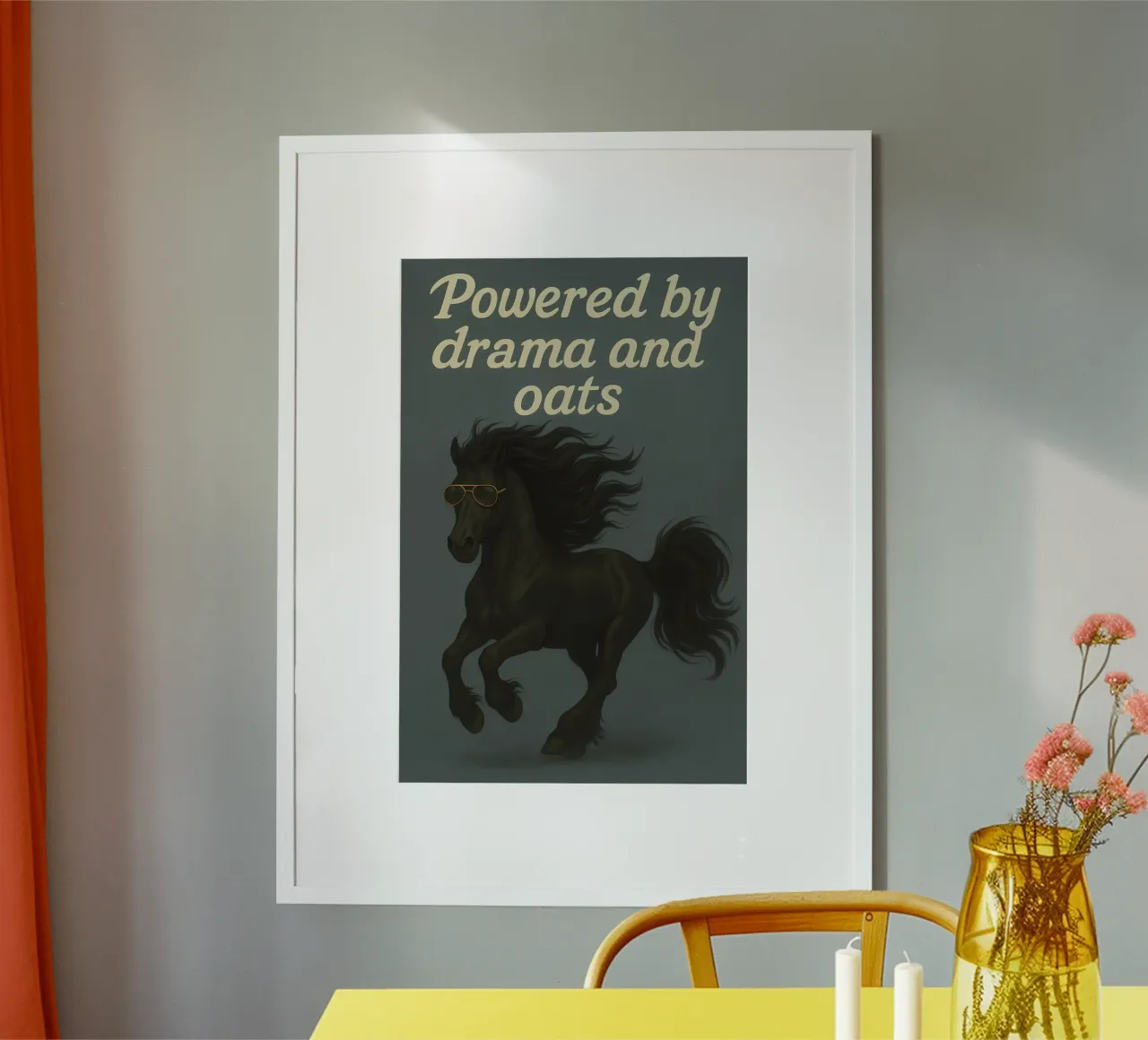 Meme divertente sul cavallo frisone poster con telaio in alluminio da Funny Humor Art