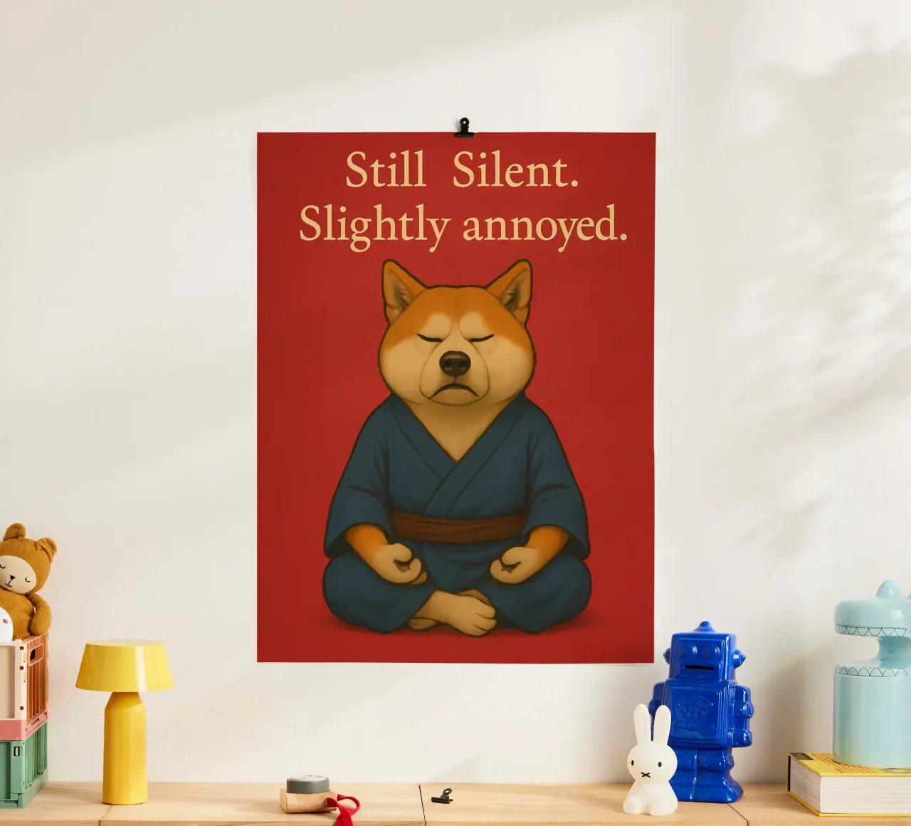 Divertente il meme dello Shiba Inu poster con telaio in legno da Funny Humor Art