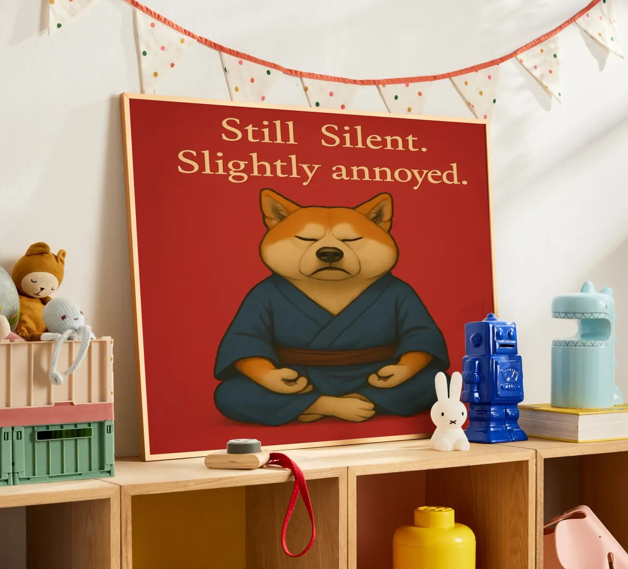 Divertente il meme dello Shiba Inu poster con telaio in legno da Funny Humor Art