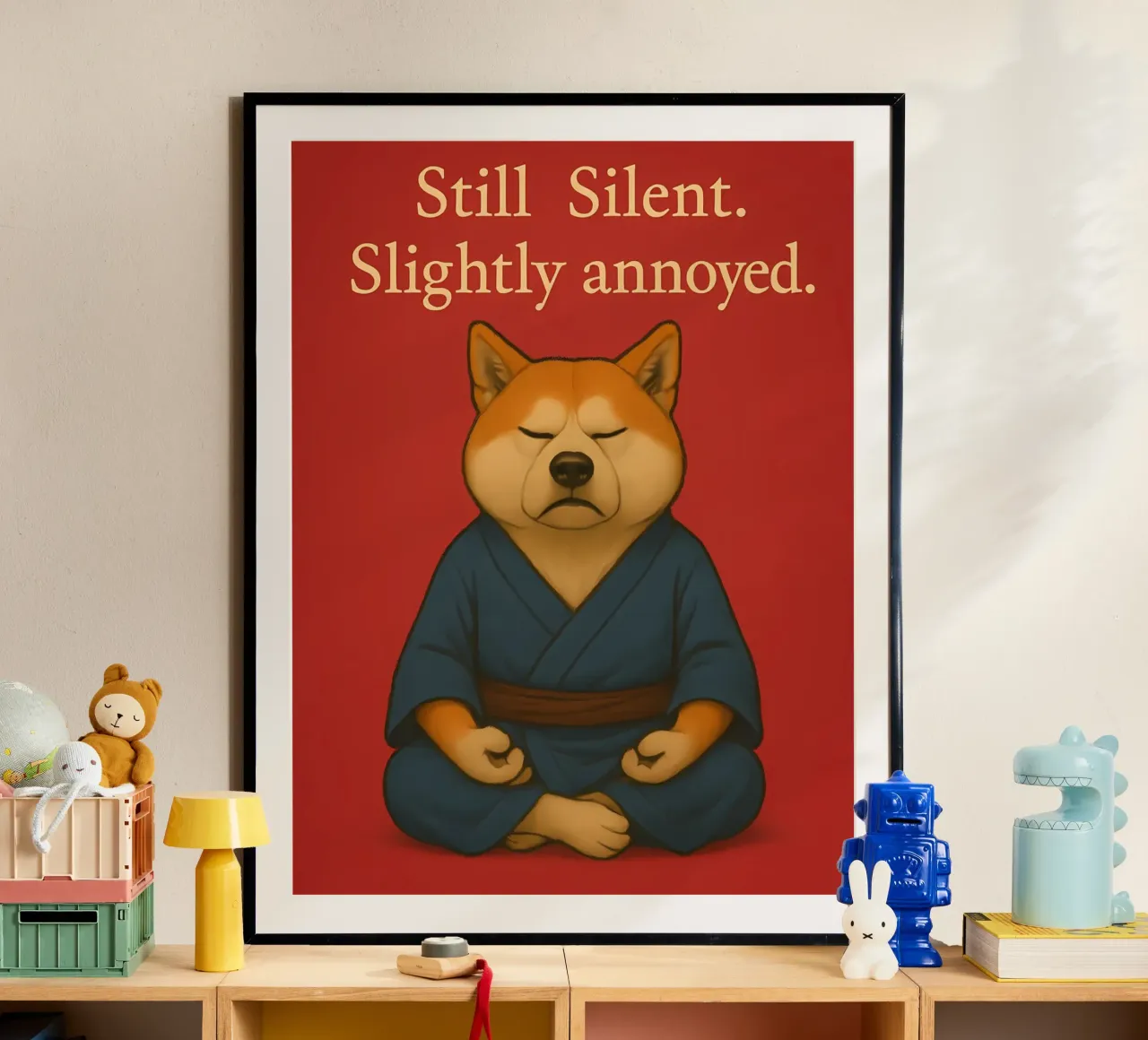 Divertente il meme dello Shiba Inu poster con telaio in legno da Funny Humor Art