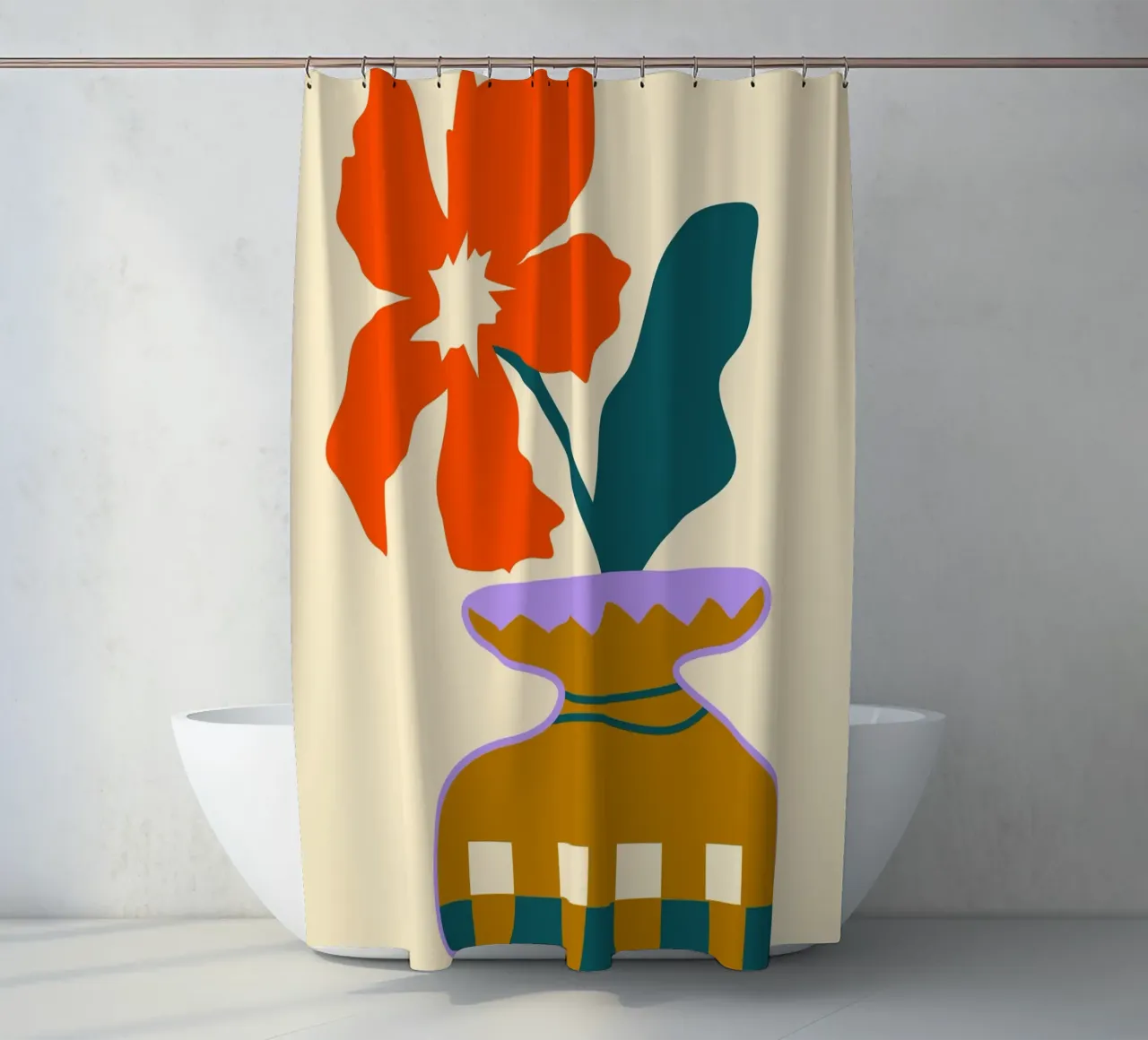 Kräftige Blüten in einer gemusterten Vase Duschvorhang von Kintsugi99