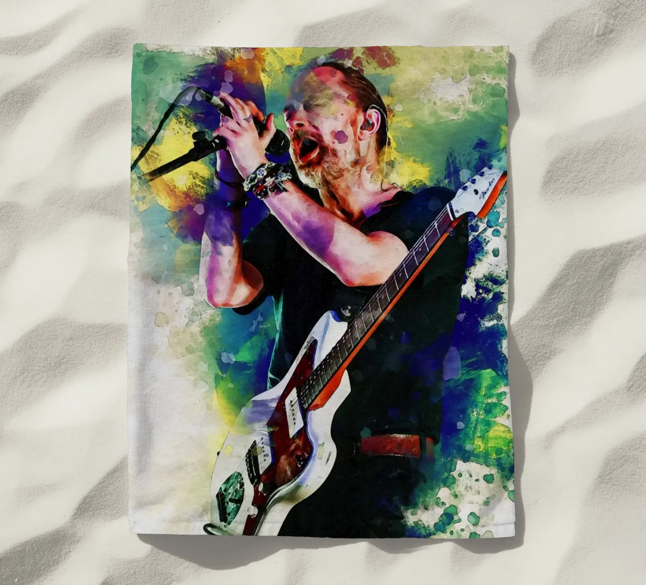 Smudge of Portrait Thom Yorke beach towel by Gunawan Rb