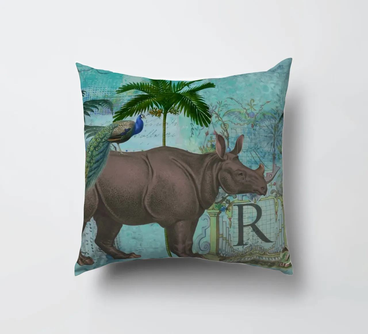 Collage di rinoceronti e scimmie cuscino da Andrea Haase Vintage World