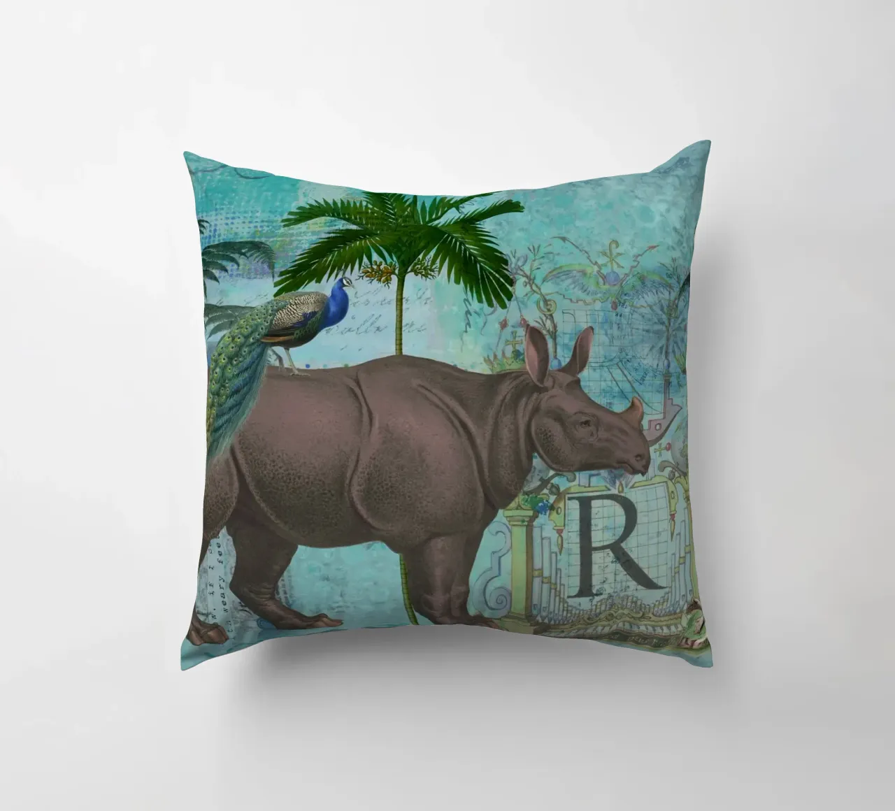 Collage di rinoceronti e scimmie cuscino da Andrea Haase Vintage World
