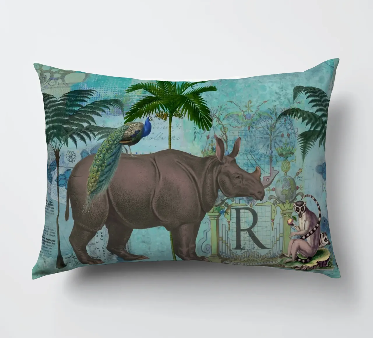 Collage di rinoceronti e scimmie cuscino da Andrea Haase Vintage World