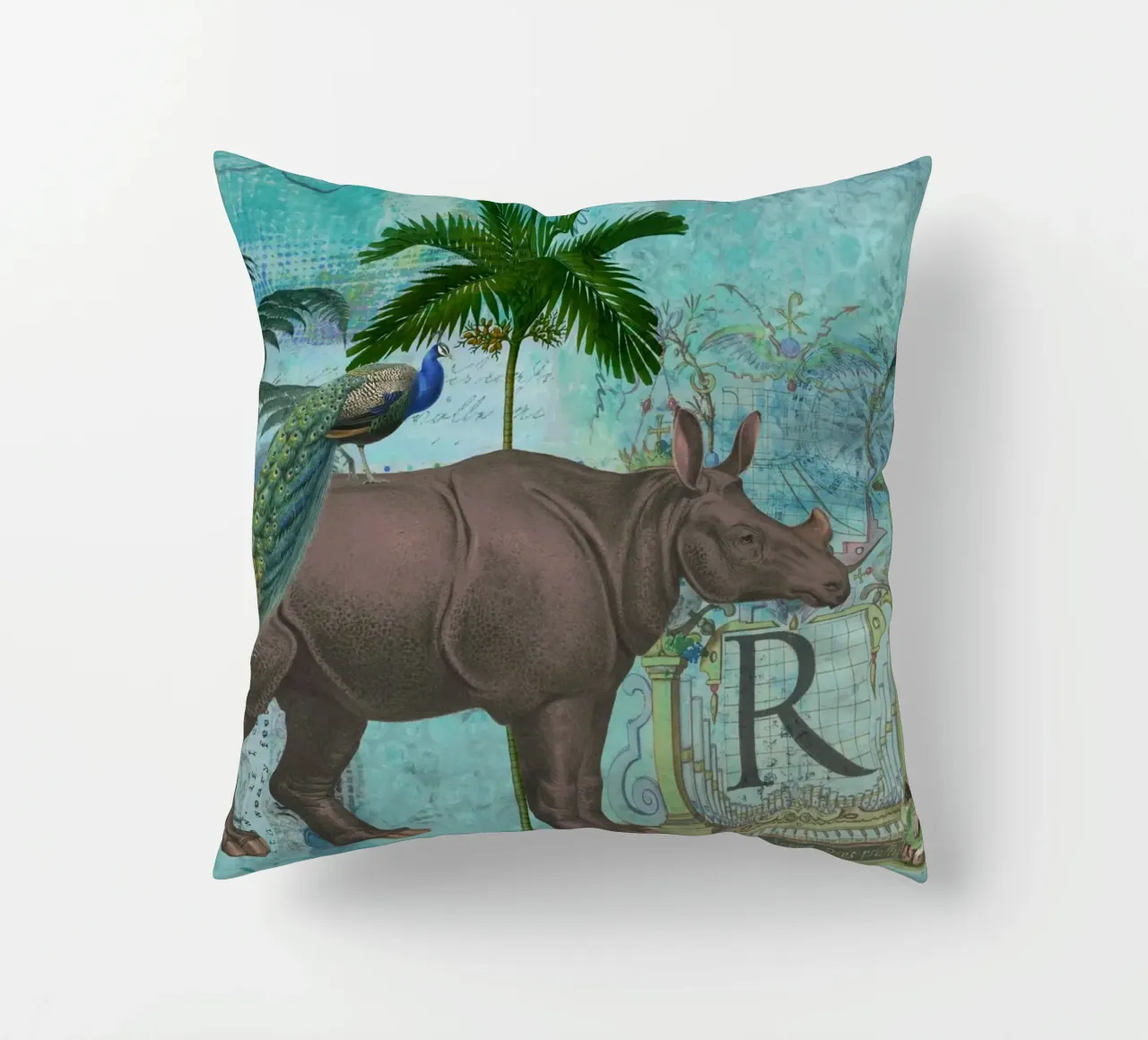 Collage di rinoceronti e scimmie cuscino da Andrea Haase Vintage World