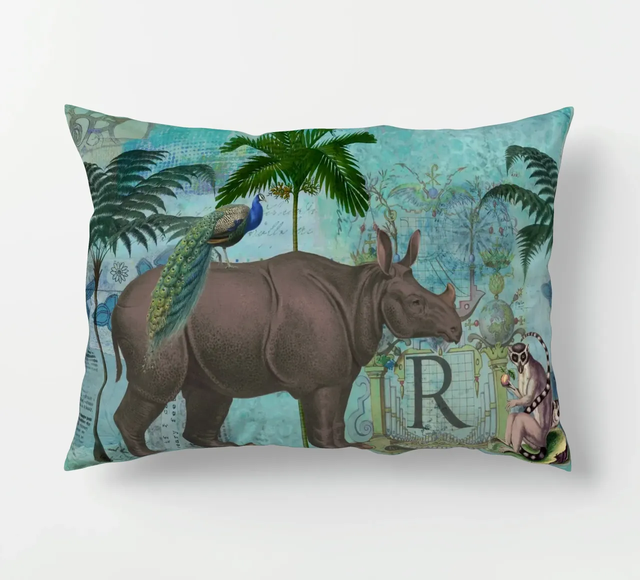Collage di rinoceronti e scimmie cuscino da Andrea Haase Vintage World