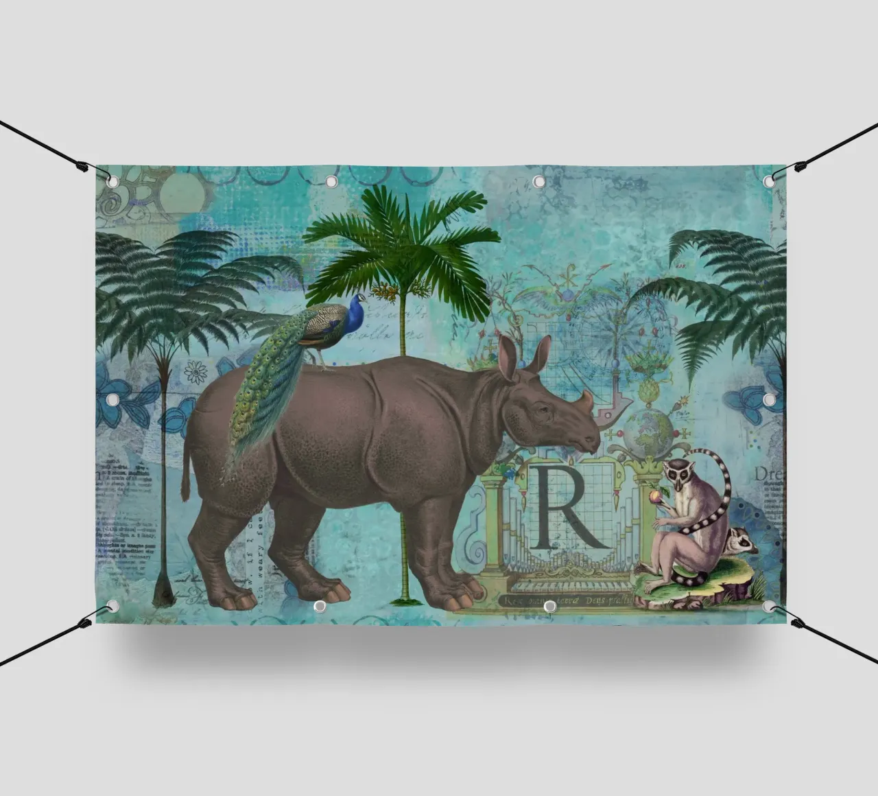 Collage di rinoceronti e scimmie telo in pvc da Andrea Haase Vintage World