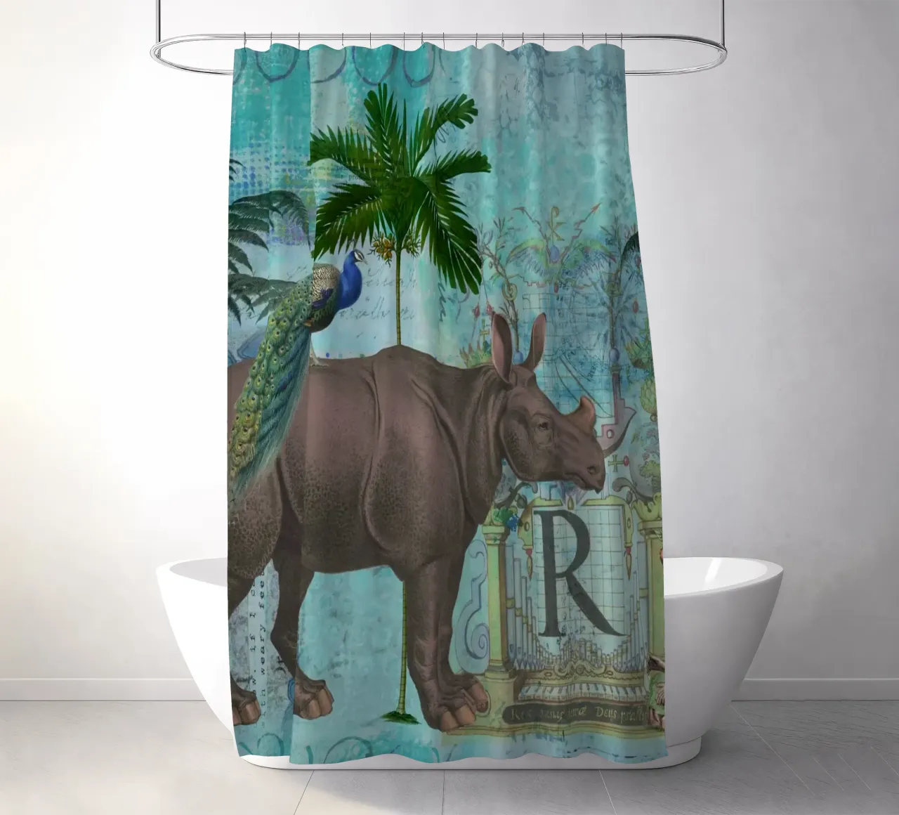 Collage di rinoceronti e scimmie tenda da doccia da Andrea Haase Vintage World