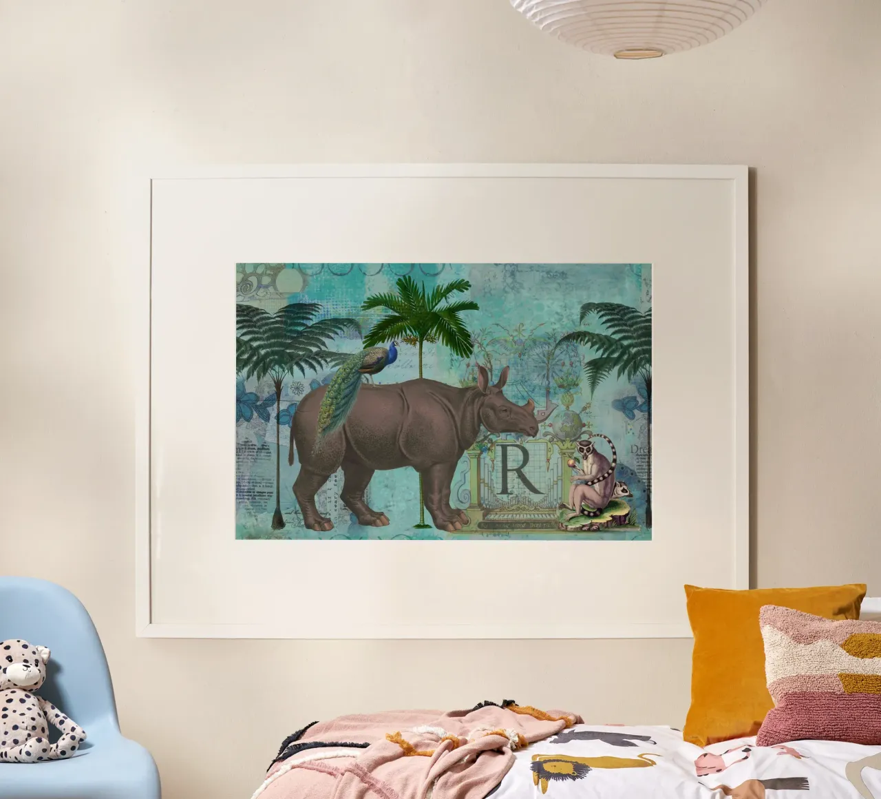 Collage di rinoceronti e scimmie poster con telaio in alluminio da Andrea Haase Vintage World