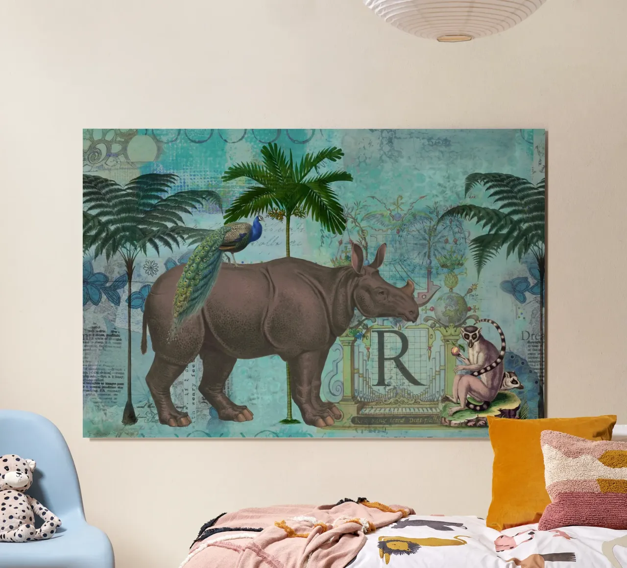 Collage di rinoceronti e scimmie poster con telaio in alluminio da Andrea Haase Vintage World