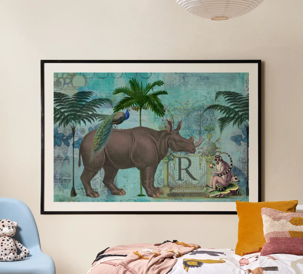Collage di rinoceronti e scimmie poster con telaio in alluminio da Andrea Haase Vintage World