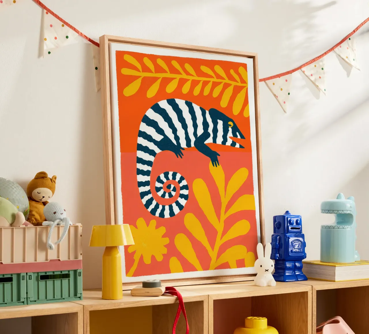 Chameleon with zebra stripes | screen print style canvas with Floater frame by Autofocus