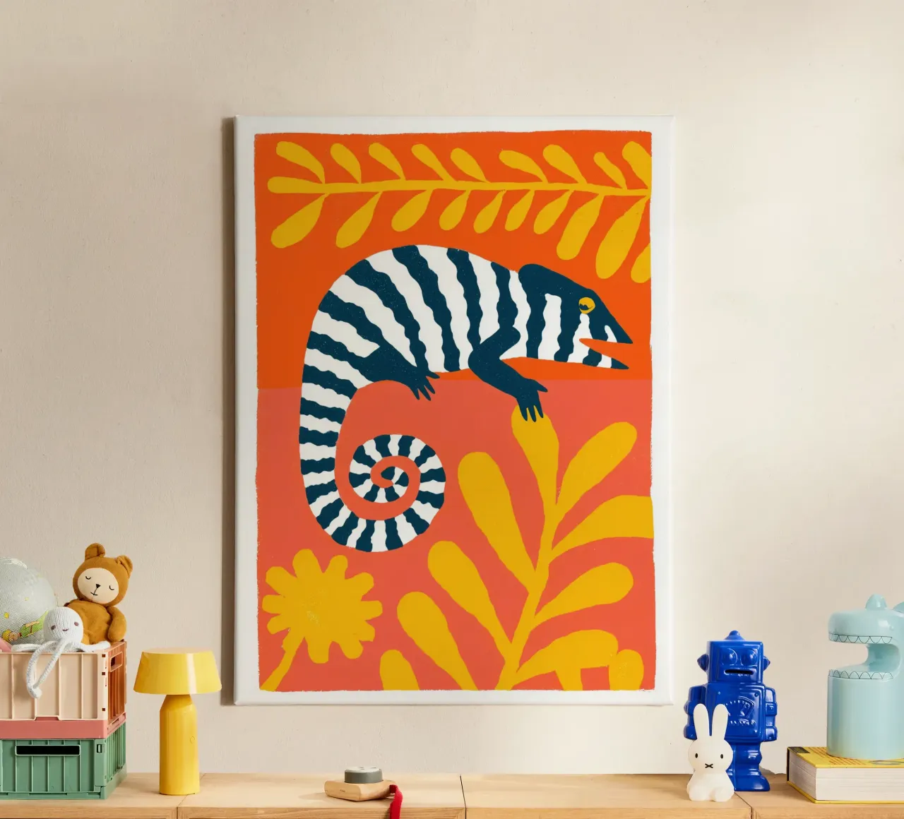 Chameleon with zebra stripes | screen print style canvas with Floater frame by Autofocus