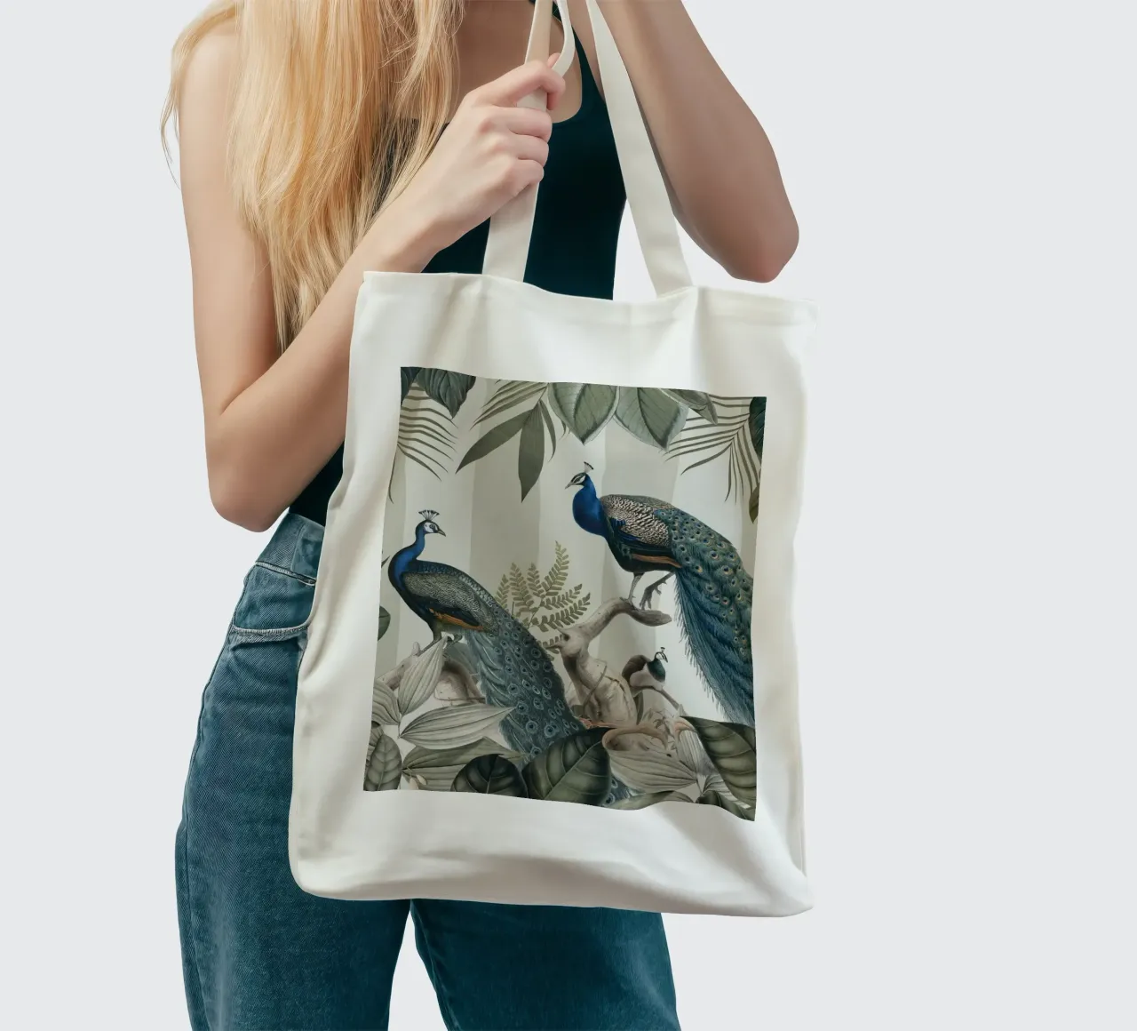 Majestic Peafowls In The Jungle On Stripes tote bag by Andrea Haase Vintage World