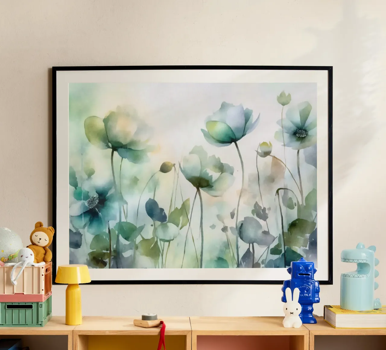 Prato verde etereo di fiori di campo poster con telaio in legno da Andrea Haase Floral Passion