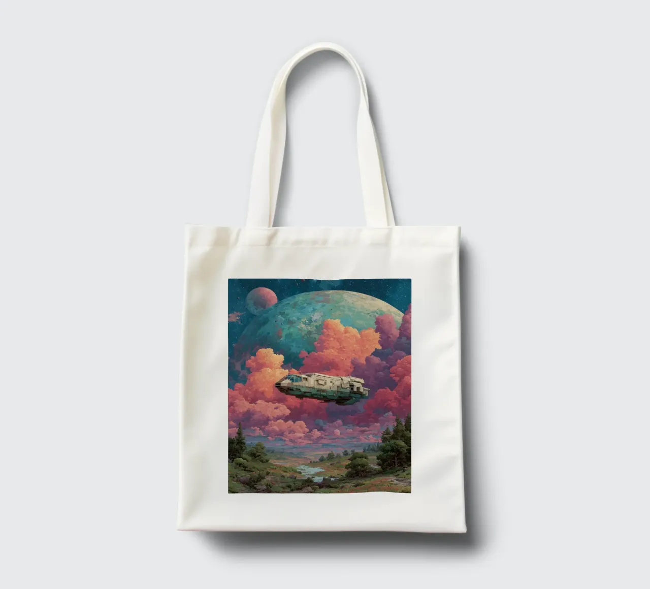 Space-skewed adventure tote bag by Carinaprint