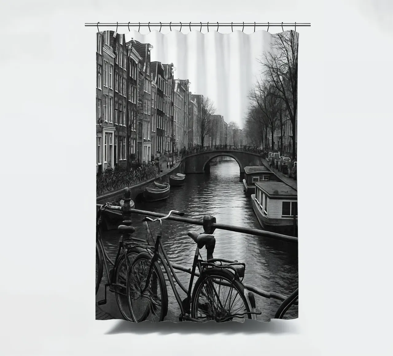 Amsterdam, Paesi Bassi Panorama della città in bianco e nero Photogr tenda da doccia da the gondels