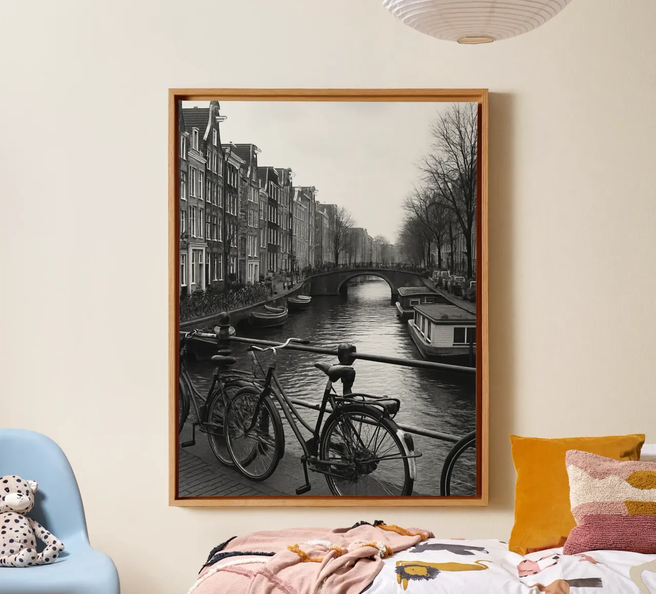 Amsterdam, Paesi Bassi Panorama della città in bianco e nero Photogr tela con Cornice a cassetta da the gondels
