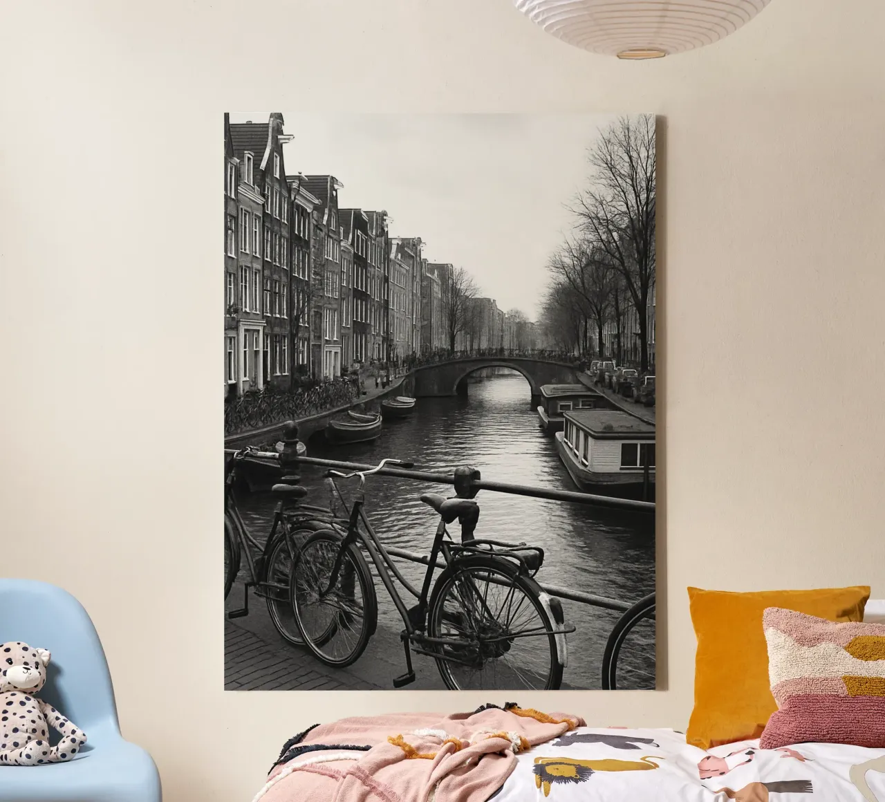 Amsterdam, Paesi Bassi Panorama della città in bianco e nero Photogr tela con Cornice a cassetta da the gondels