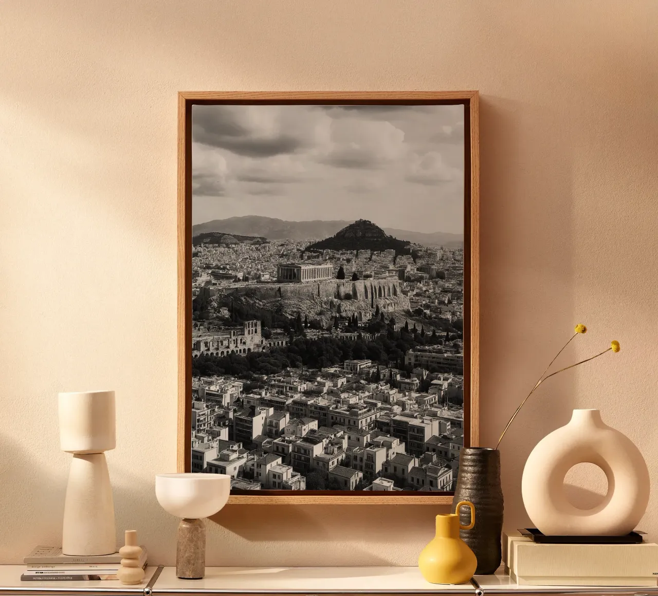 Atene, Grecia Fotografia panoramica della città in bianco e nero tela con Cornice a cassetta da the gondels