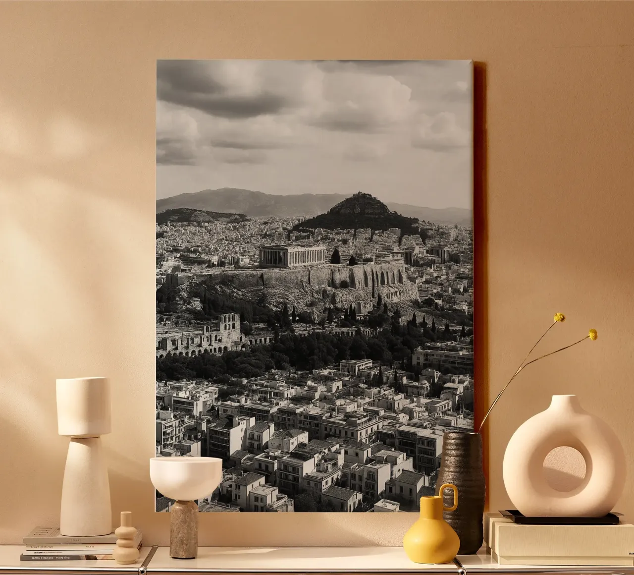 Atene, Grecia Fotografia panoramica della città in bianco e nero tela con Cornice a cassetta da the gondels