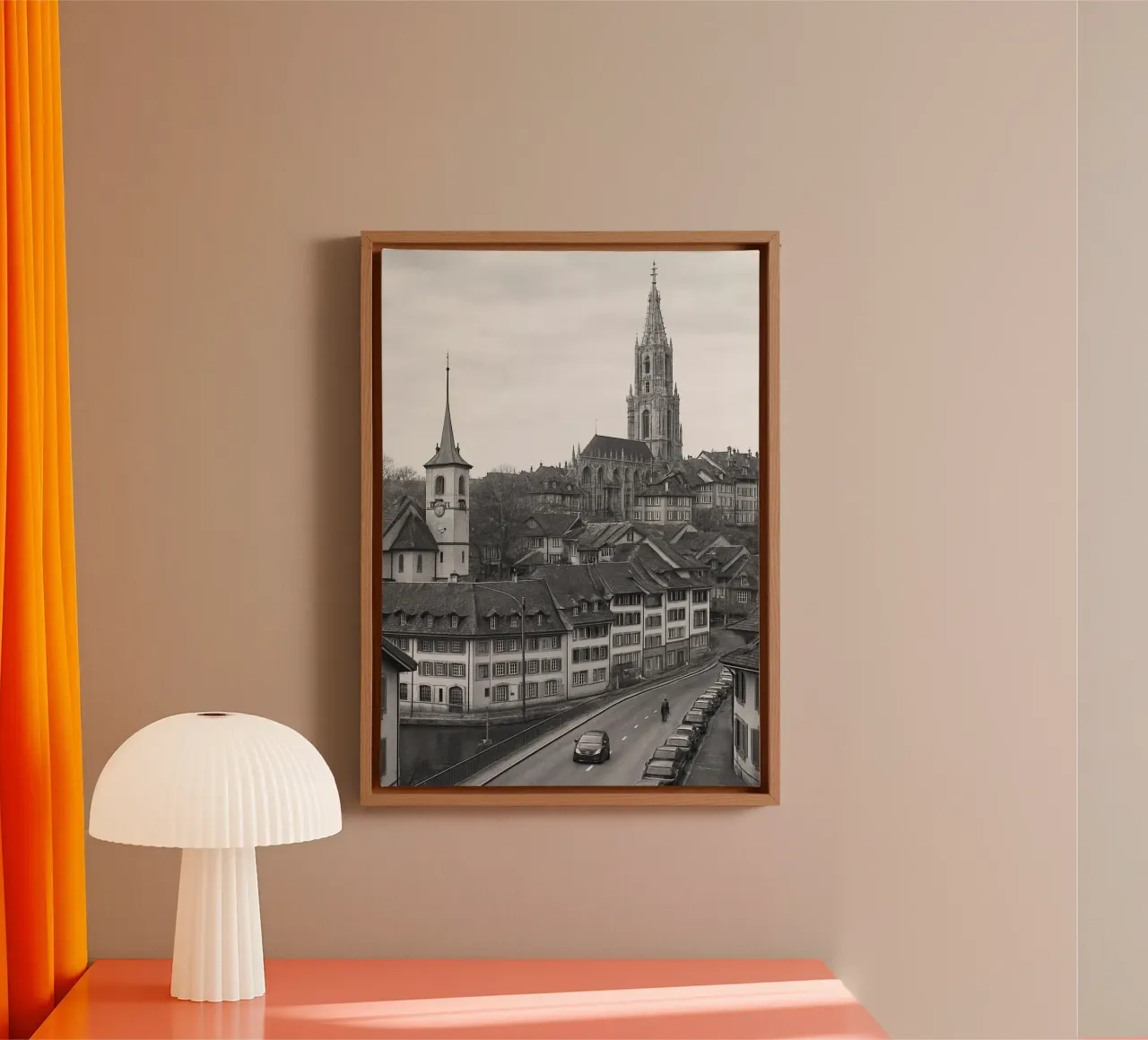 Berna, fotografia panoramica della città svizzera in bianco e nero tela con Cornice a cassetta da the gondels