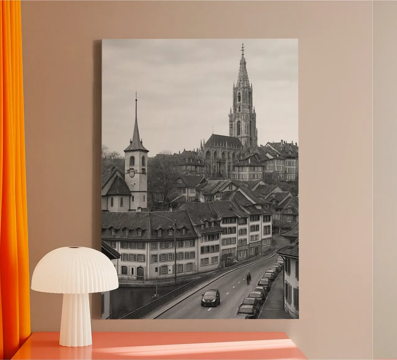 Berna, fotografia panoramica della città svizzera in bianco e nero tela con Cornice a cassetta da the gondels
