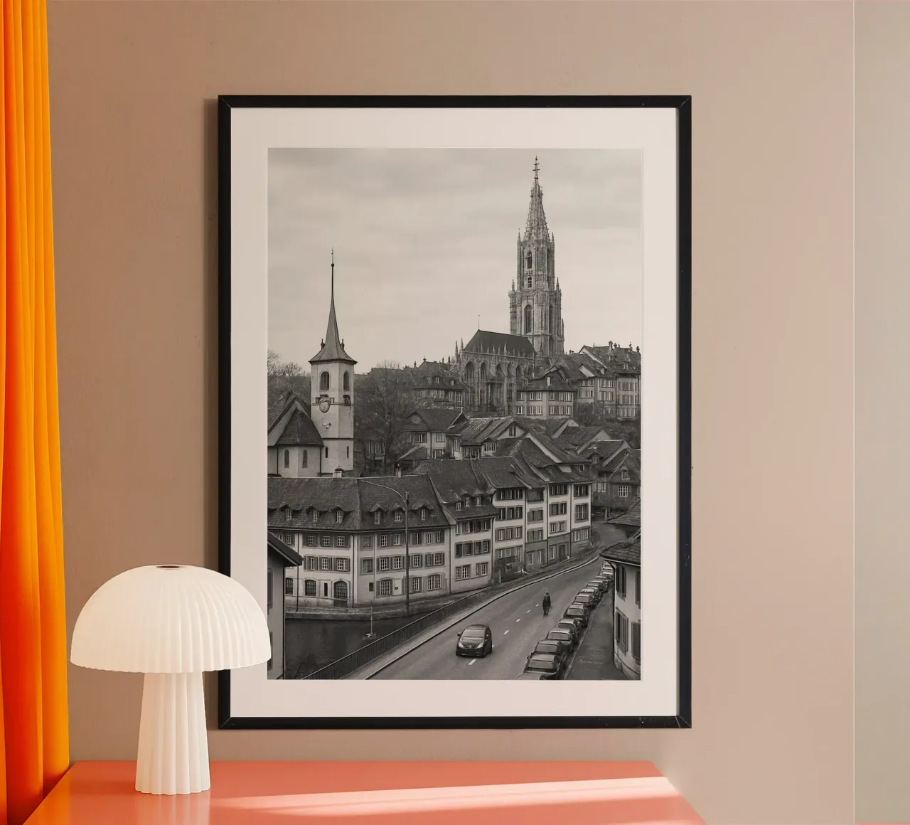 Berna, fotografia panoramica della città svizzera in bianco e nero poster con telaio in alluminio da the gondels