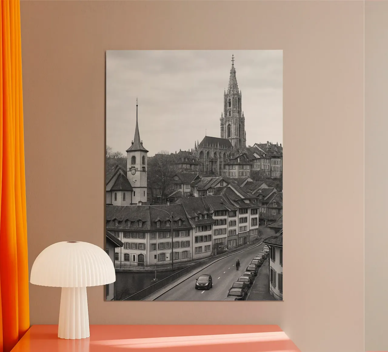 Berna, fotografia panoramica della città svizzera in bianco e nero poster con telaio in alluminio da the gondels