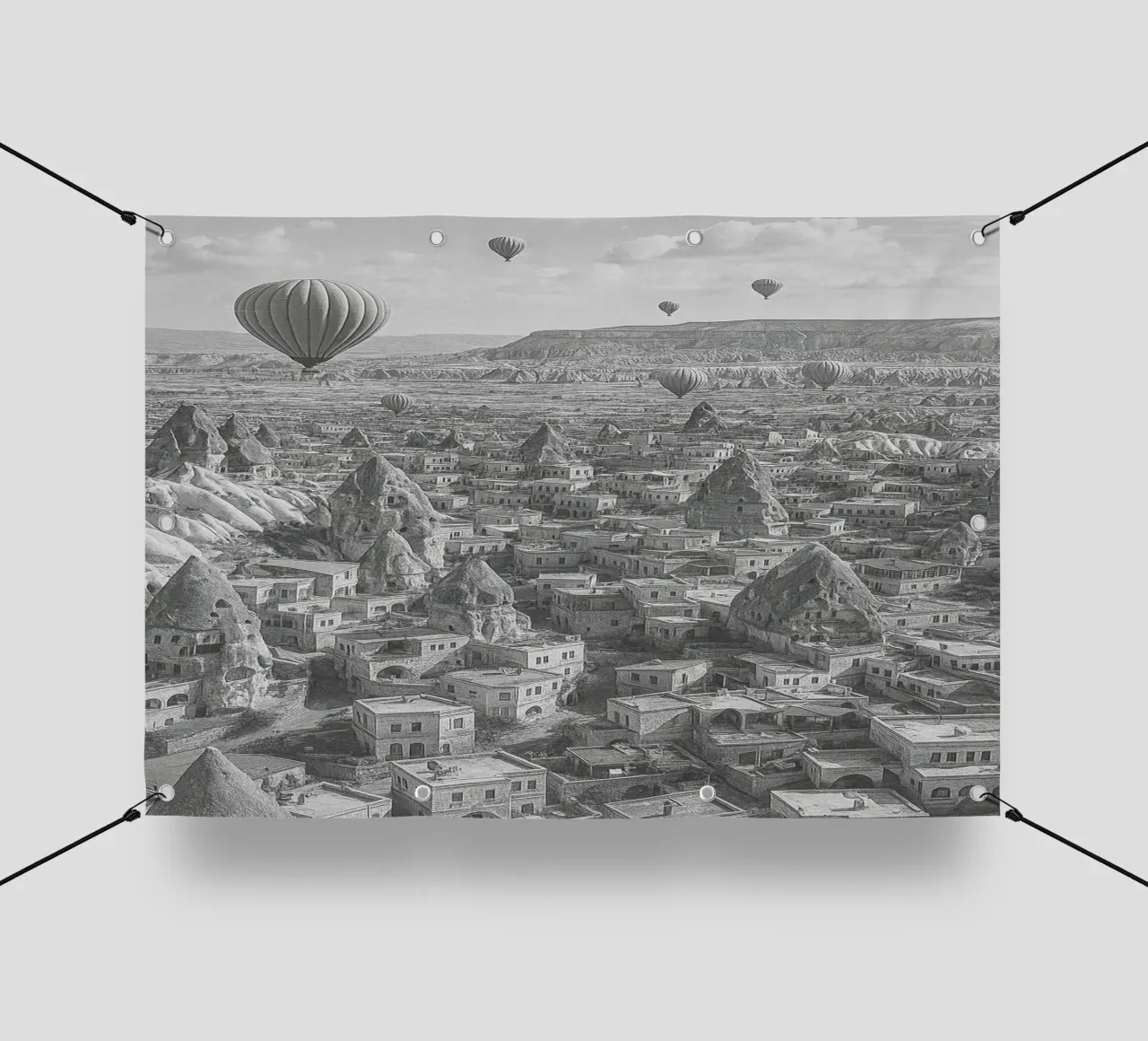 Cappadocia, Turchia Illustrazione panoramica della città in bianco e nero telo in pvc da the gondels