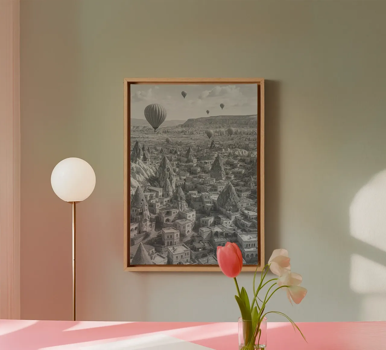 Cappadocië, Turkije Zwart-wit Stadspanorama Illustratio canvas met Baklijst van the gondels