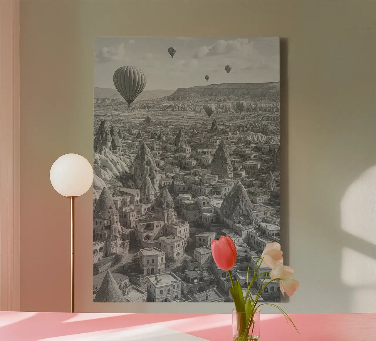 Cappadocië, Turkije Zwart-wit Stadspanorama Illustratio canvas met Baklijst van the gondels