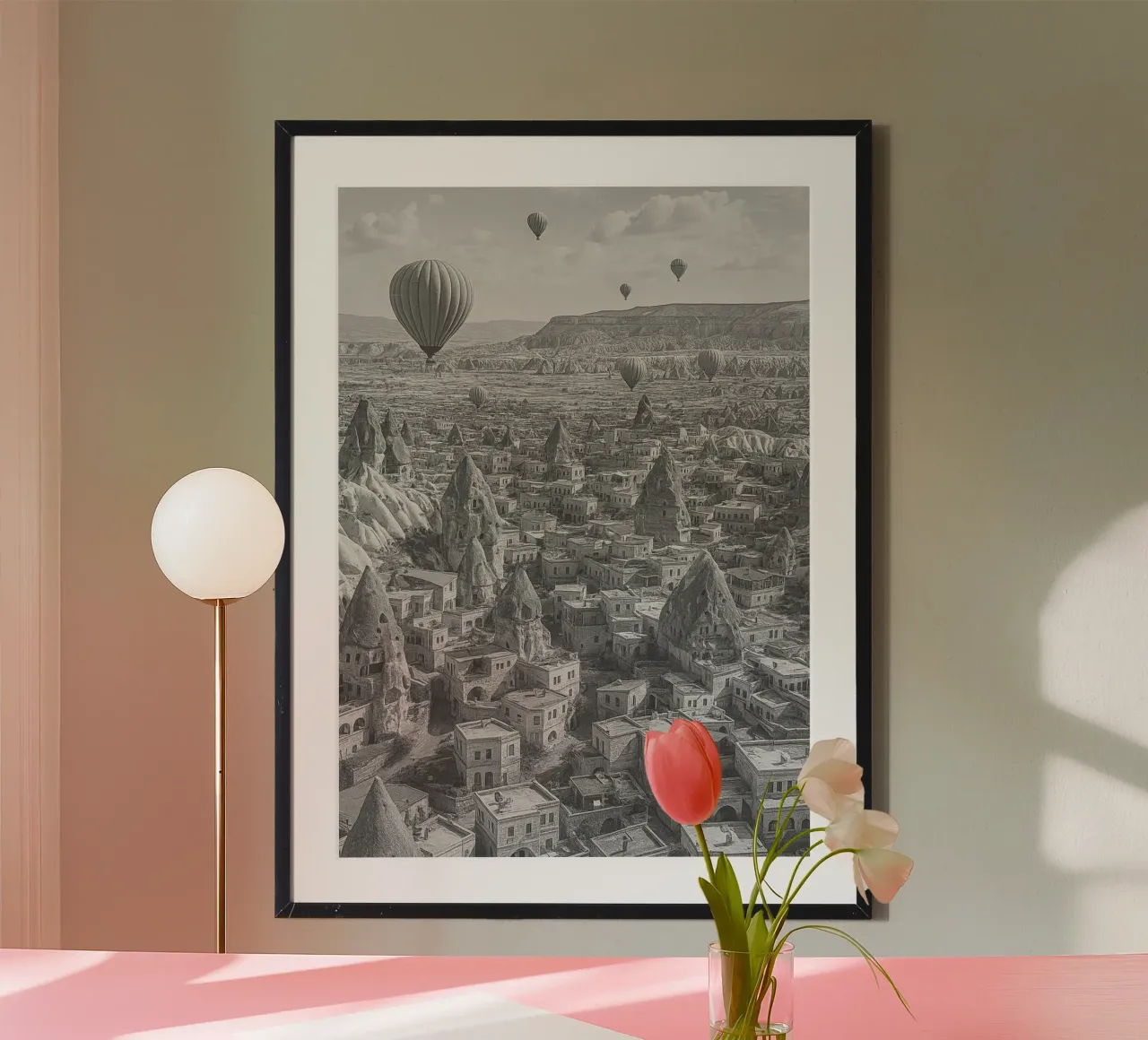 Cappadocia, Turchia Illustrazione panoramica della città in bianco e nero poster da the gondels