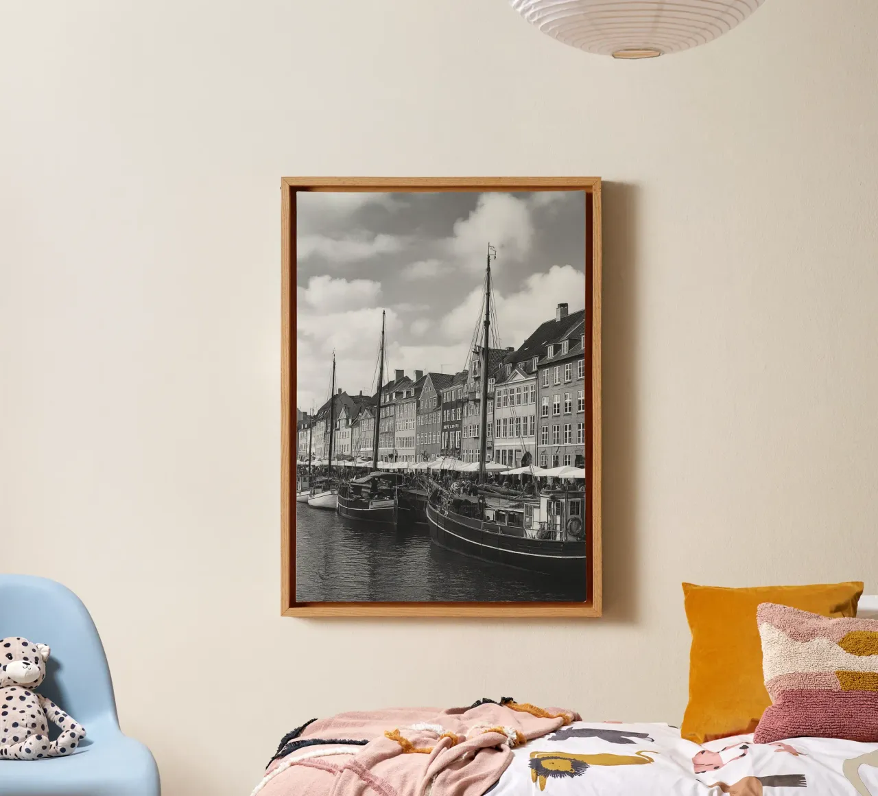 Kopenhagen, Dänemark Schwarz-Weiß-Stadtpanorama-Fotografie Leinwand mit Schattenfugenrahmen von the gondels