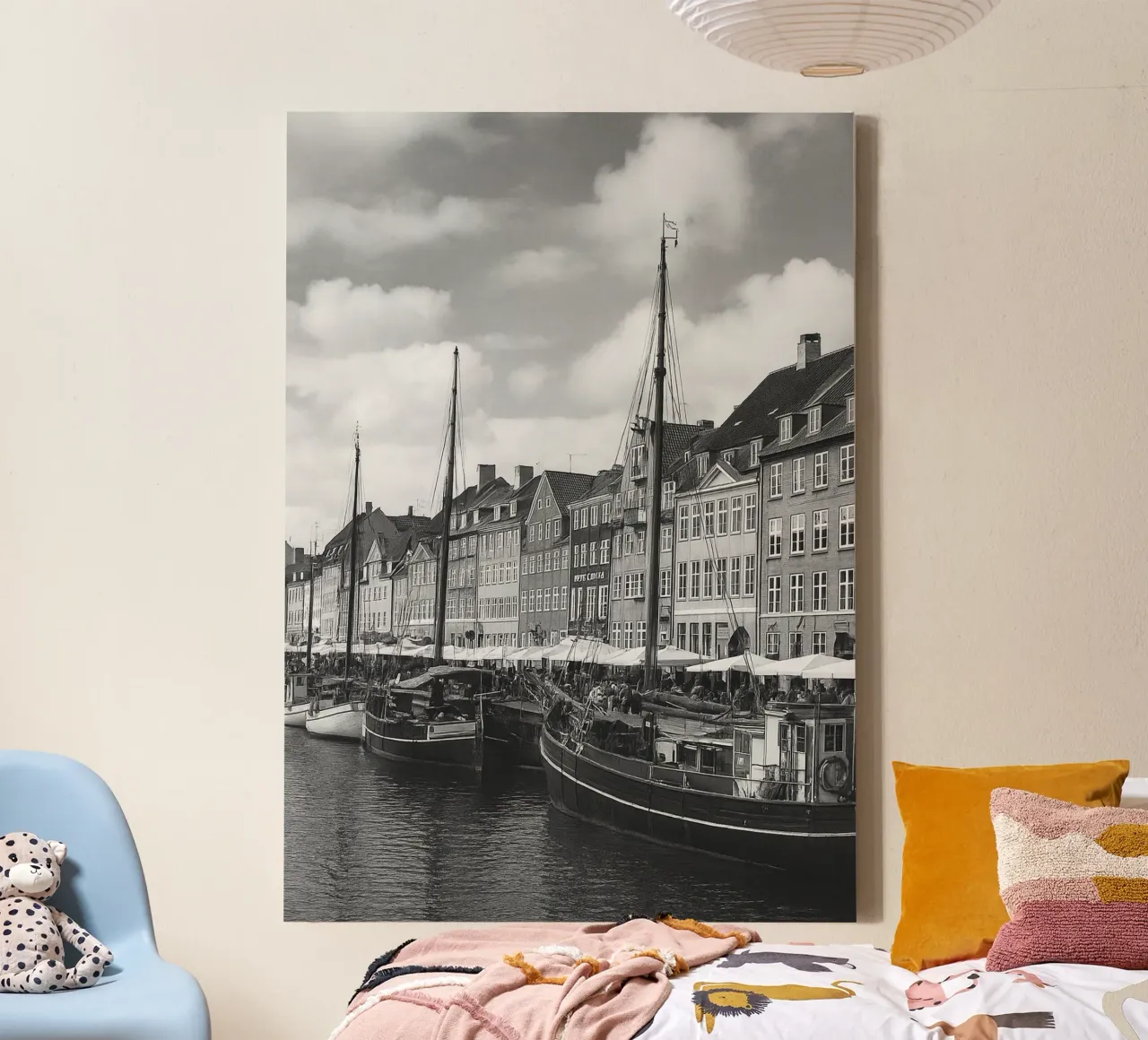 Kopenhagen, Dänemark Schwarz-Weiß-Stadtpanorama-Fotografie Leinwand mit Schattenfugenrahmen von the gondels