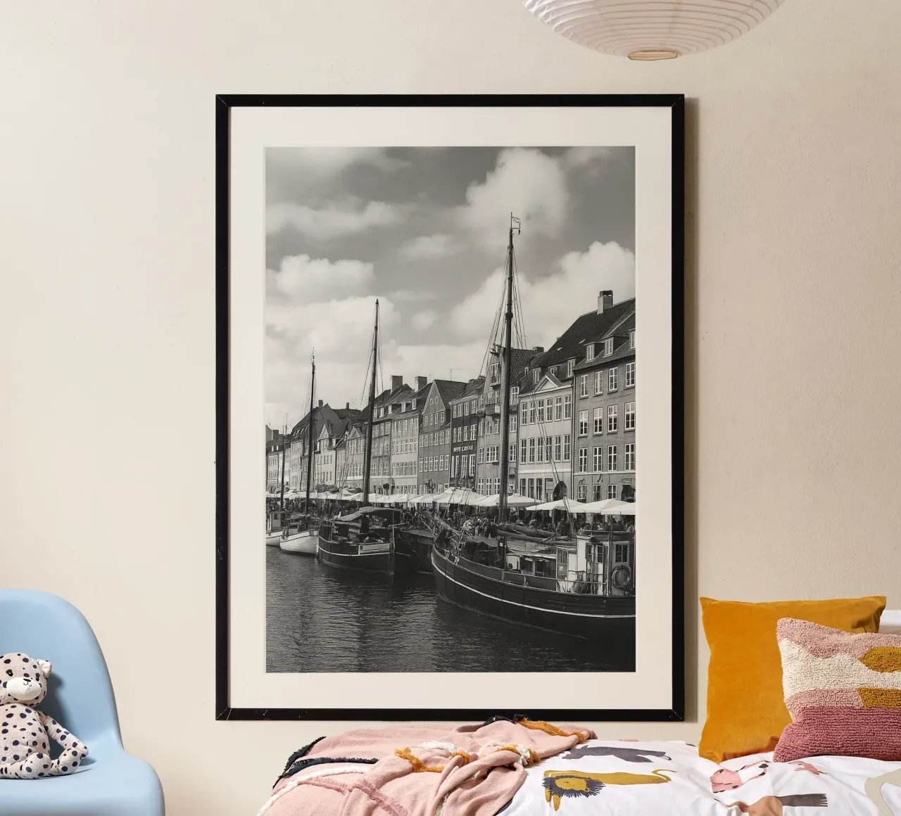 Copenaghen, Danimarca Fotografia panoramica della città in bianco e nero poster con telaio in plastica da the gondels