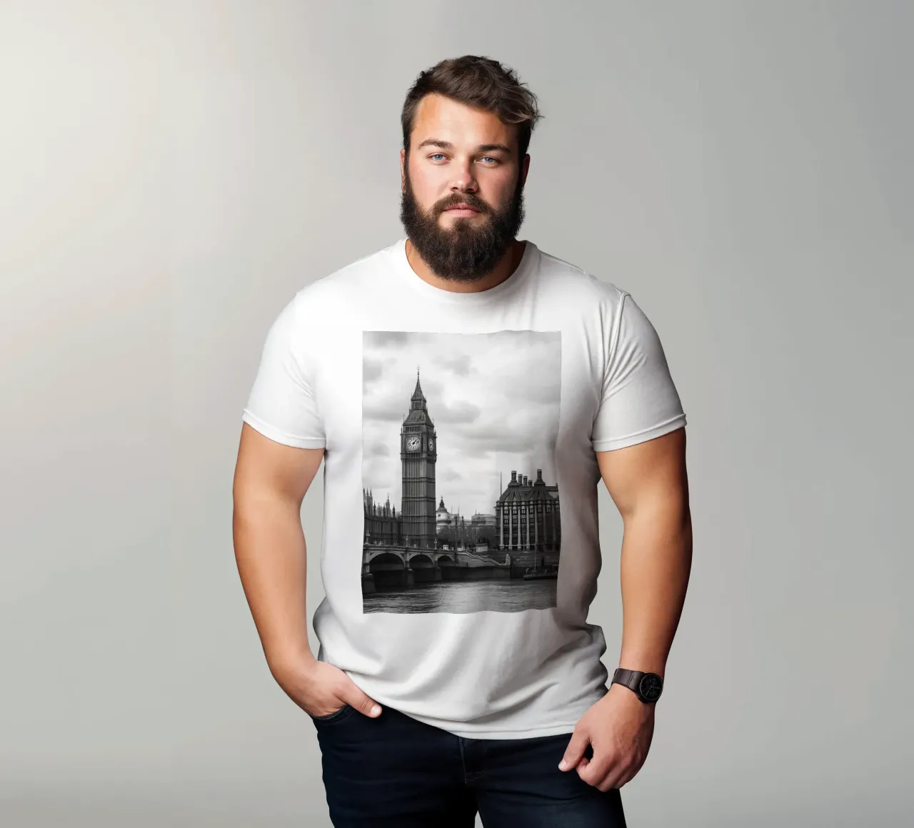 Londra, Inghilterra Fotografia panoramica della città in bianco e nero t-shirt da the gondels