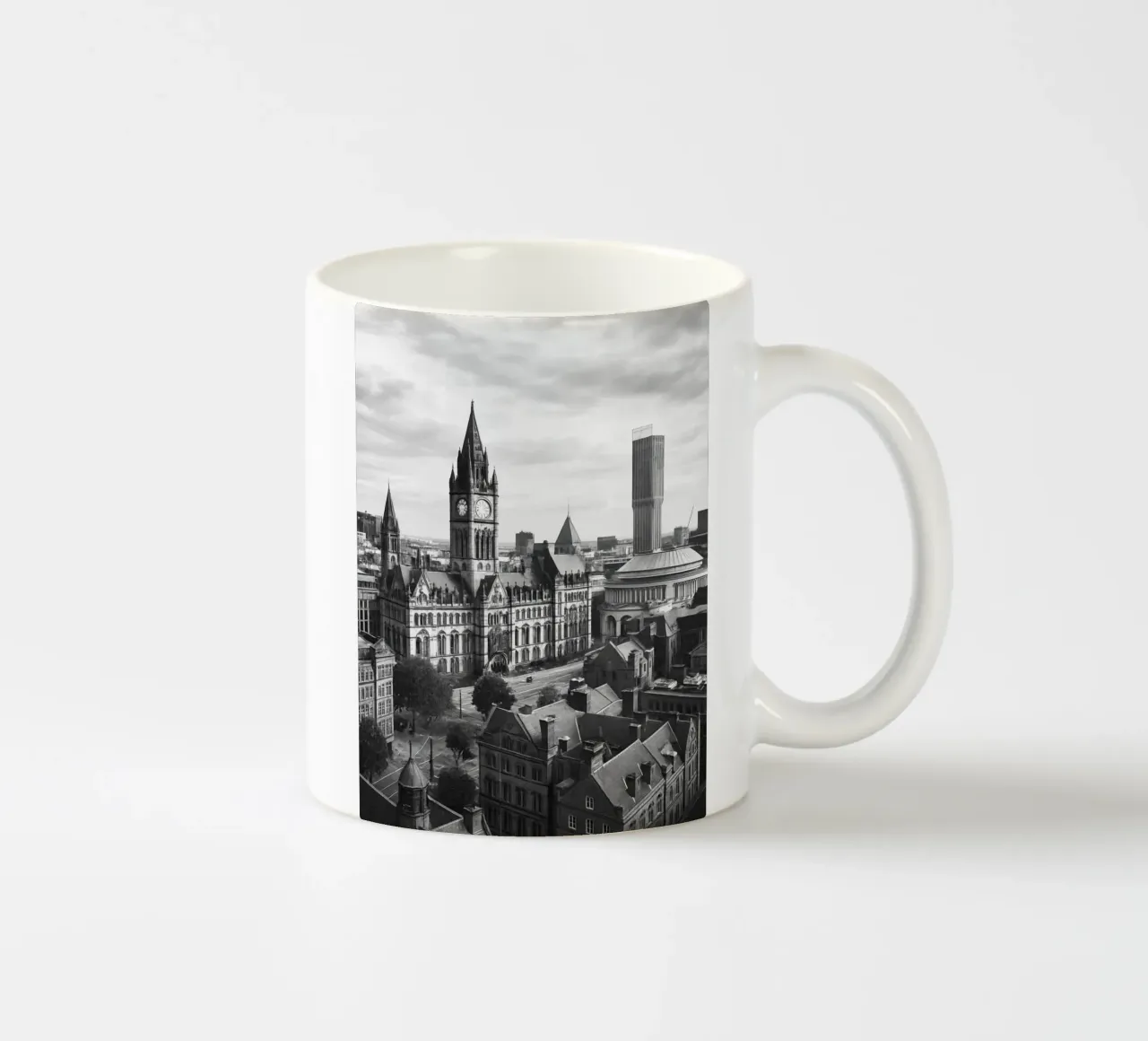 Menchester, inghilterra Panorama della città in bianco e nero Illustrati tazza in ceramica da the gondels