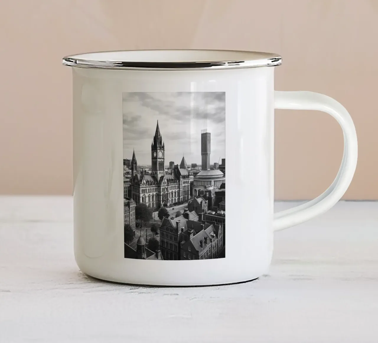 Menchester, inghilterra Panorama della città in bianco e nero Illustrati tazza in smalto da the gondels