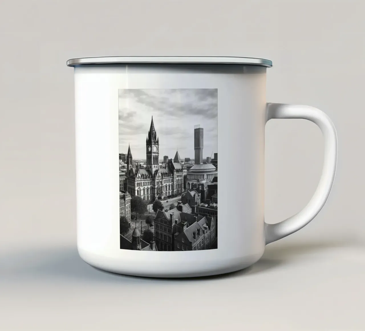 Menchester, inghilterra Panorama della città in bianco e nero Illustrati tazza in smalto da the gondels