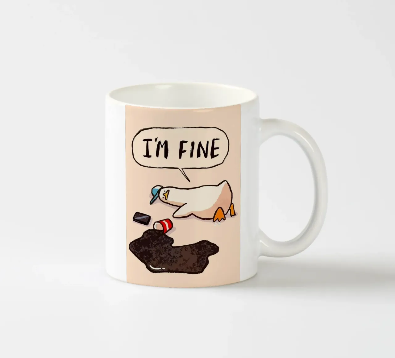 I'M FINE goose speech bubble text ceramic mug by James Isaac Jackson