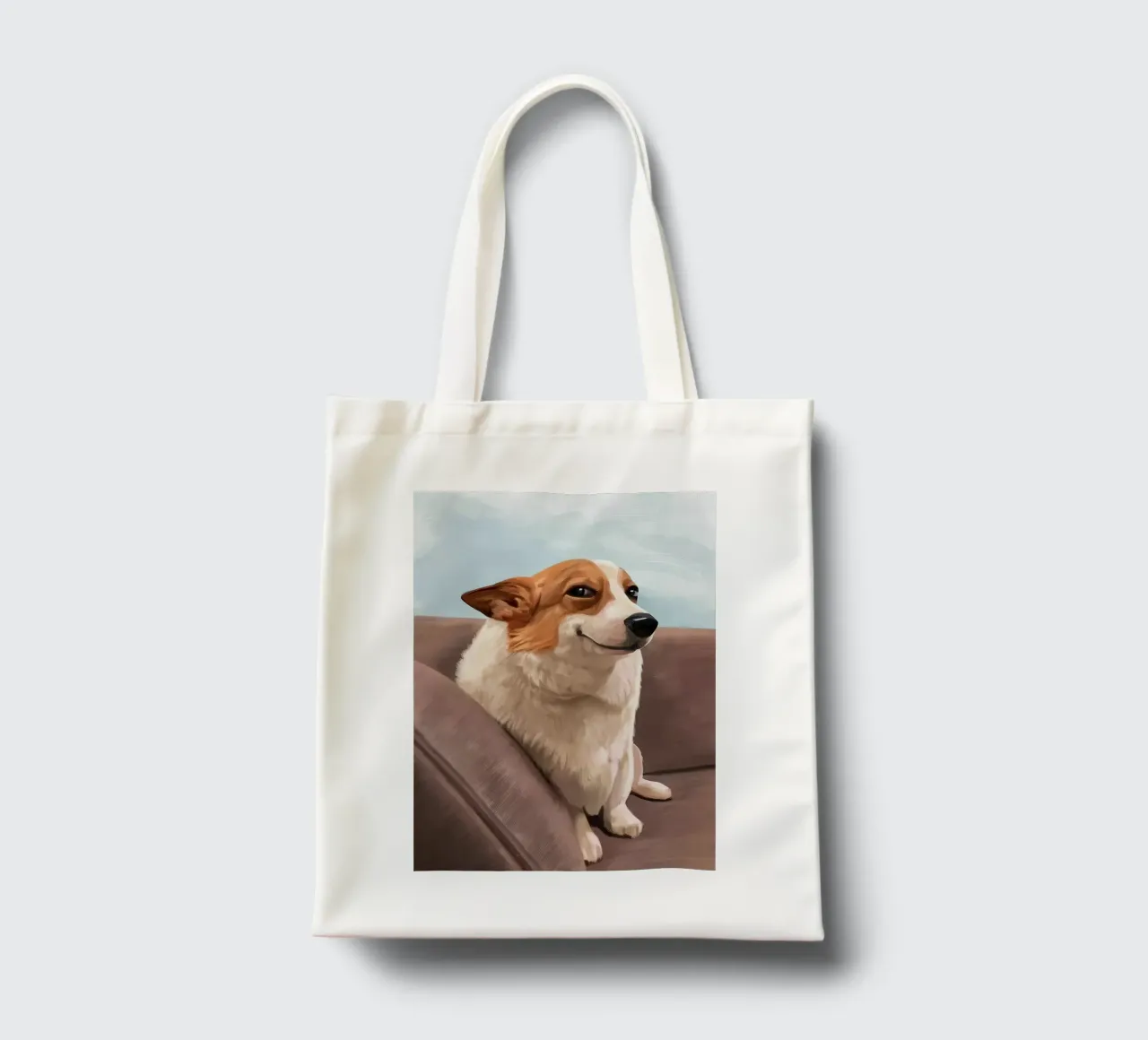 Smiling Corgi on Couch meme tote bag by James Isaac Jackson