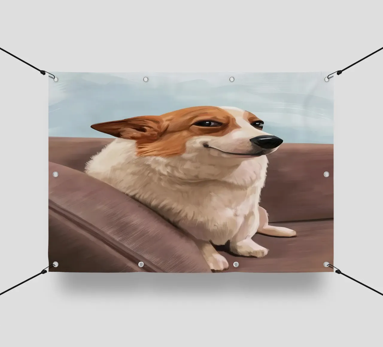 Meme del Corgi sorridente sul divano telo in pvc da James Isaac Jackson