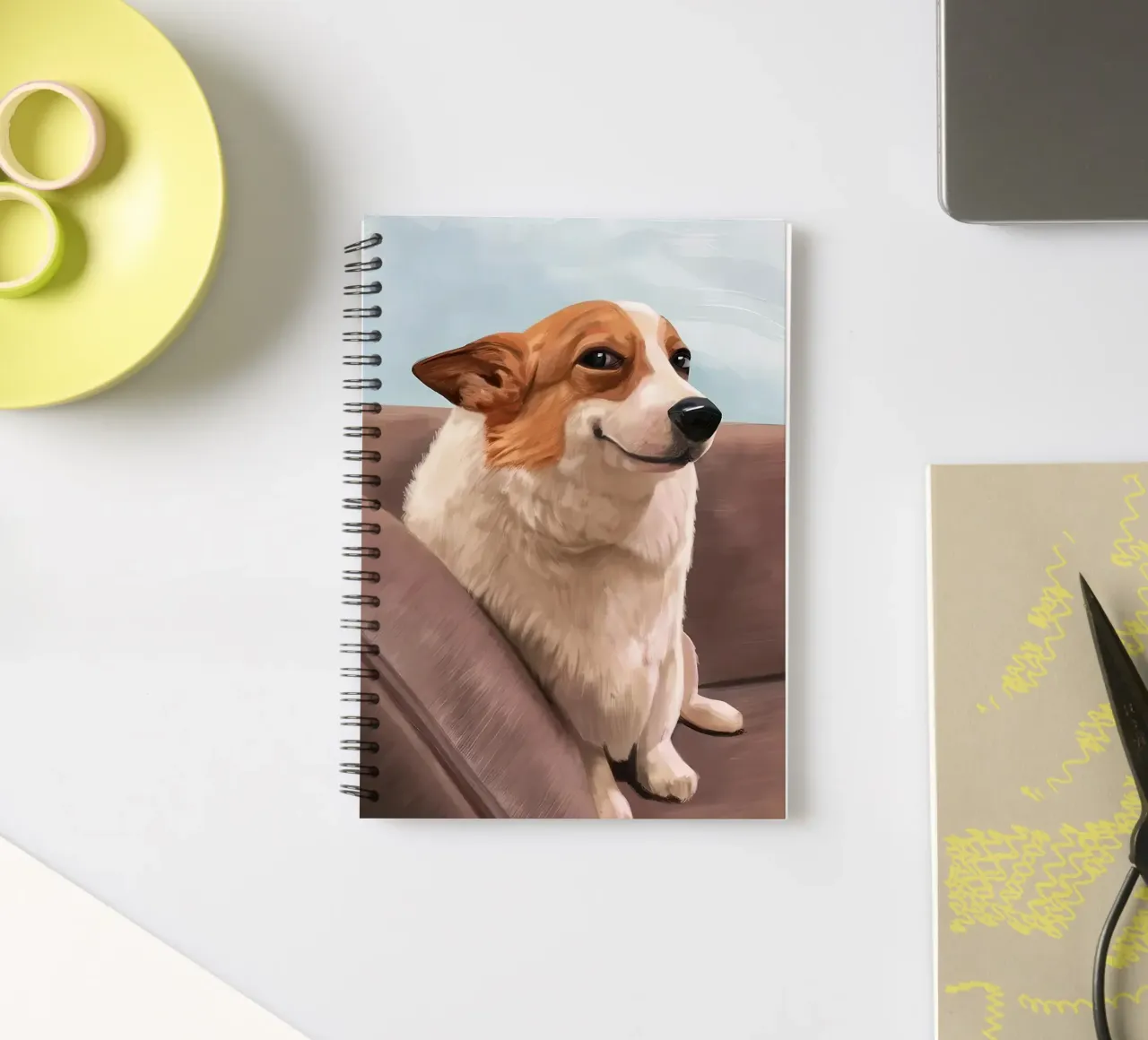 Smiling Corgi on Couch meme spiral notebook by James Isaac Jackson