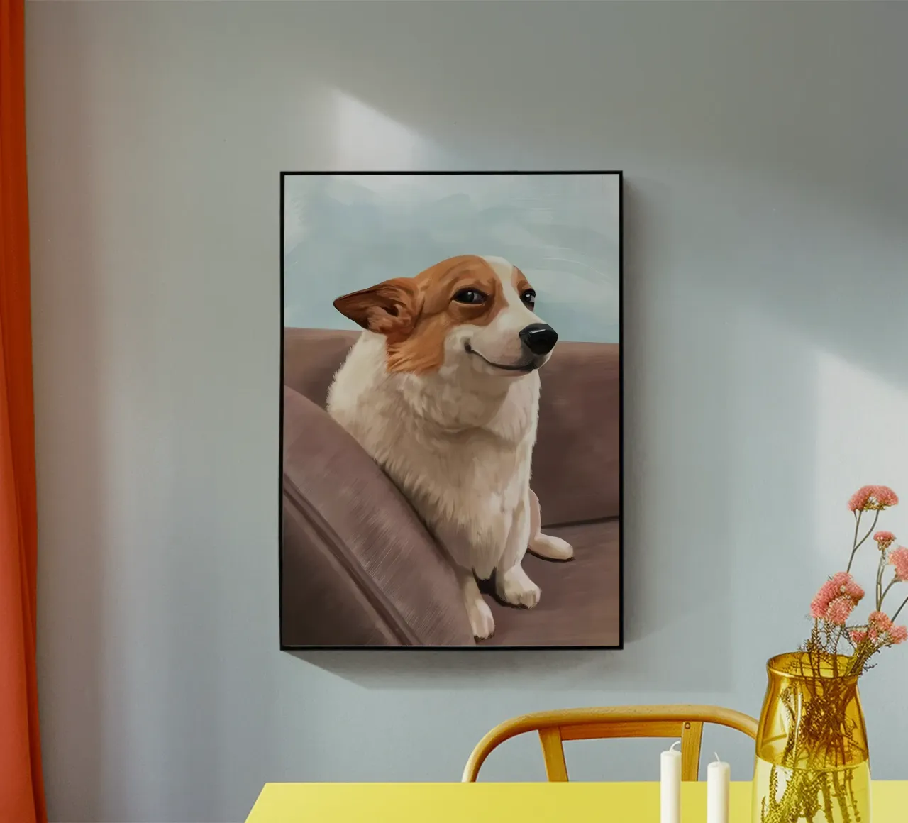 Corgi sonriente en el sofá meme metacrilato de James Isaac Jackson